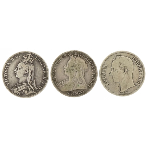 1227 - Three silver coins including two silver crowns dates 1890 and 1894 and a Venezuelan silver coin date... 