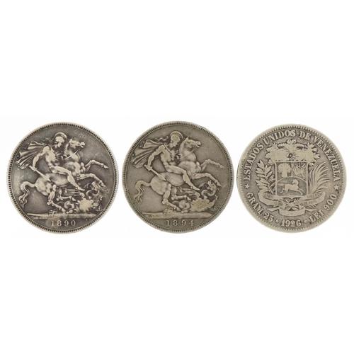 1227 - Three silver coins including two silver crowns dates 1890 and 1894 and a Venezuelan silver coin date... 