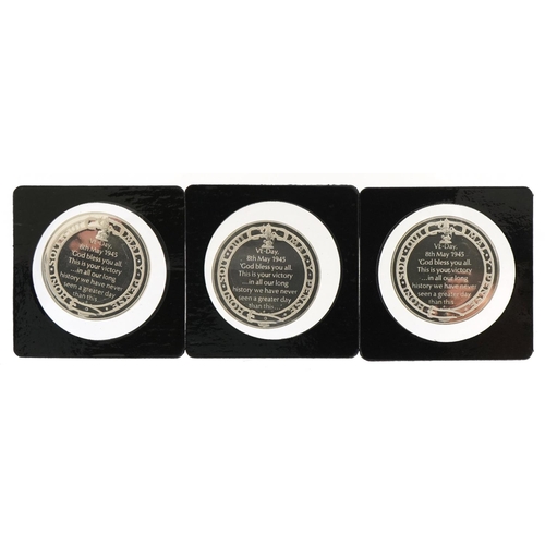 1271 - Three silver Churchill medallions commemorating VE Day, 8th May 1945, each with silver hallmarks to ... 