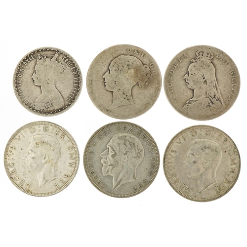 1228 - Five silver half crowns and a silver Gothic florin