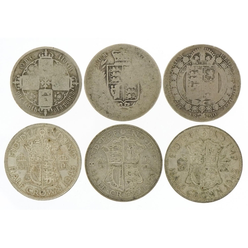 1228 - Five silver half crowns and a silver Gothic florin