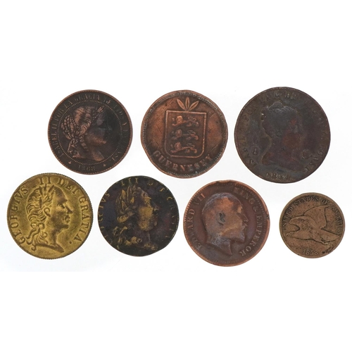 1249 - World coinage to include George III gaming tokens and 19th century Spanish bronze coins