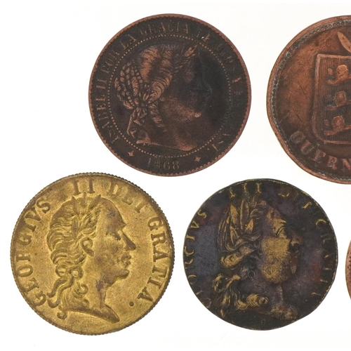 1249 - World coinage to include George III gaming tokens and 19th century Spanish bronze coins