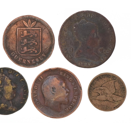 1249 - World coinage to include George III gaming tokens and 19th century Spanish bronze coins