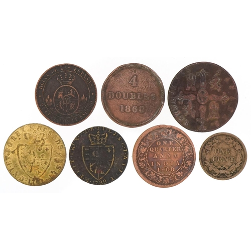 1249 - World coinage to include George III gaming tokens and 19th century Spanish bronze coins