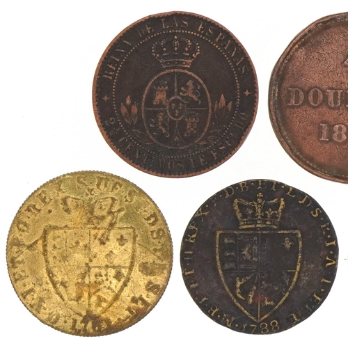 1249 - World coinage to include George III gaming tokens and 19th century Spanish bronze coins