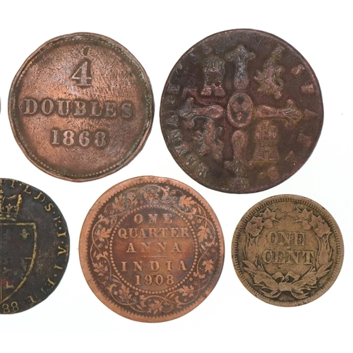 1249 - World coinage to include George III gaming tokens and 19th century Spanish bronze coins