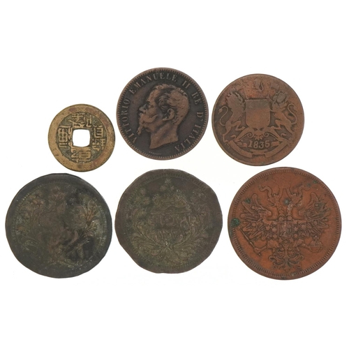 1247 - Six copper and bronze world coins to include Russian, Indian, Islamic and Chinese