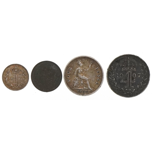 1236 - Three silver Maundy coins comprising two fourpences, one pence and a Victorian metal token