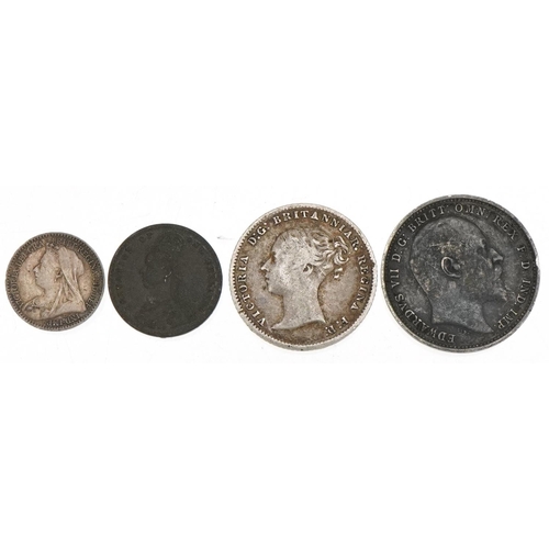 1236 - Three silver Maundy coins comprising two fourpences, one pence and a Victorian metal token