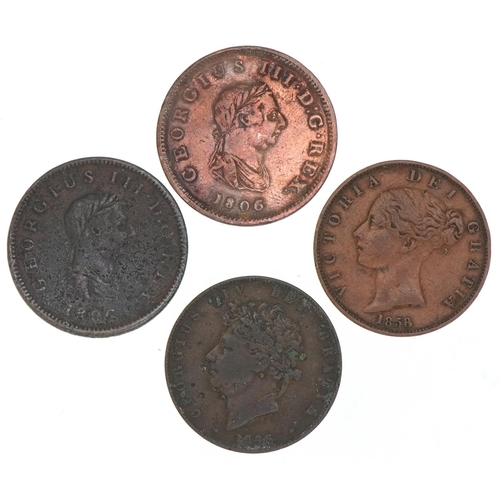 1251 - Four 19th century half pennies to include George III, George V and Queen Victoria