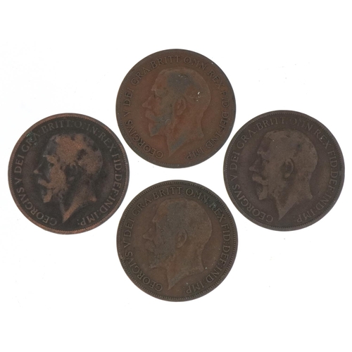 1248 - Four George V pennies including two 1912 and two 1918, one mint mark H, the other 1918 KN