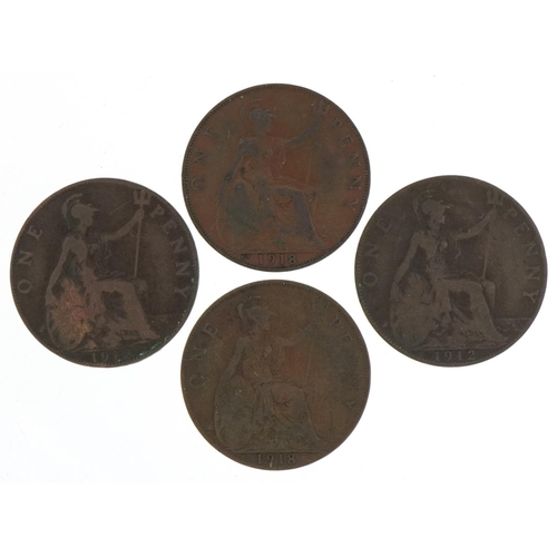 1248 - Four George V pennies including two 1912 and two 1918, one mint mark H, the other 1918 KN