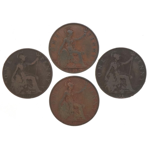 1244 - Four antique British pennies - two 1912, 1918 and 1919