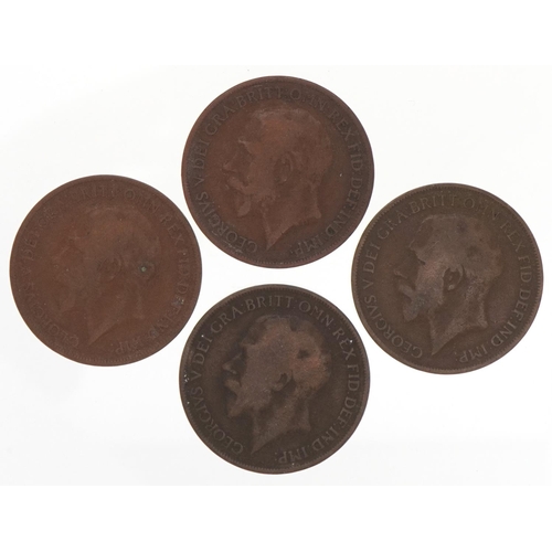 1250 - Four George V pennies dates 1918 and 1919 mint marks H and KN