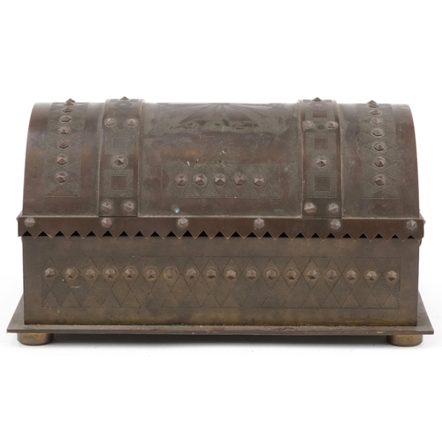 141 - Gothic bronze casket with rivets, strapping and side locking mechanism, 26cm wide