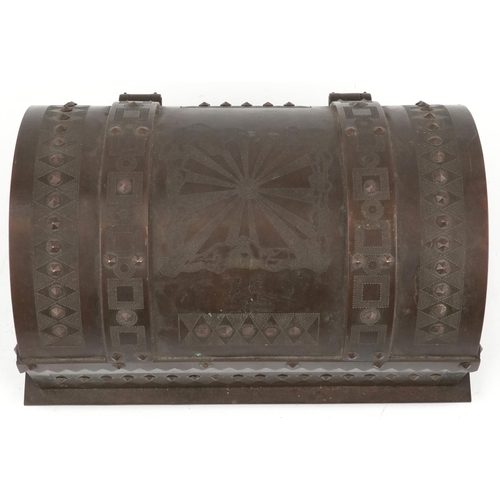 141 - Gothic bronze casket with rivets, strapping and side locking mechanism, 26cm wide