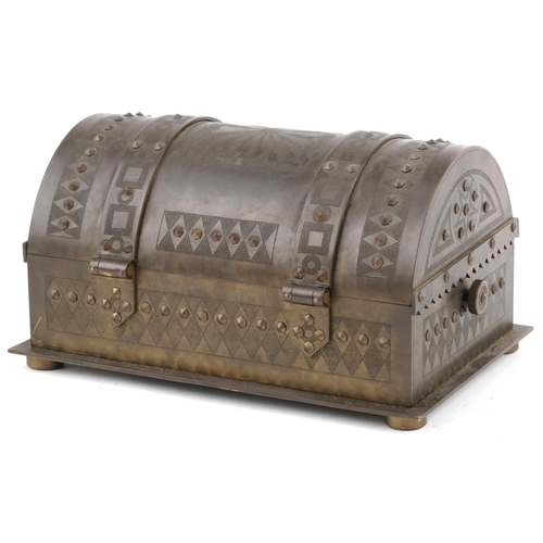 141 - Gothic bronze casket with rivets, strapping and side locking mechanism, 26cm wide