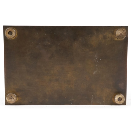 141 - Gothic bronze casket with rivets, strapping and side locking mechanism, 26cm wide