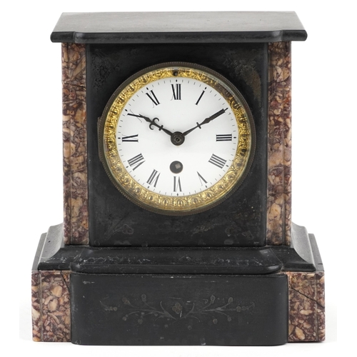 237 - Black slate and sienna marble mantle clock with enamelled dial, 23cm H x 23cm W x 16cm D