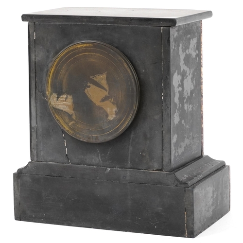 237 - Black slate and sienna marble mantle clock with enamelled dial, 23cm H x 23cm W x 16cm D