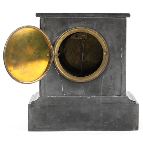 237 - Black slate and sienna marble mantle clock with enamelled dial, 23cm H x 23cm W x 16cm D