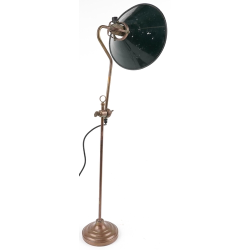 144 - Vintage brass rise and fall table lamp with green tin shade, 60cm high