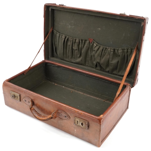 395 - Vintage leather suitcase with green cloth interior, 54cm wide