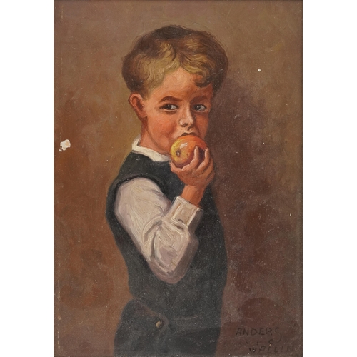 Anders Wallin - Young boy with an apple, oil on board in a contemporary frame, 25cm x 17cm