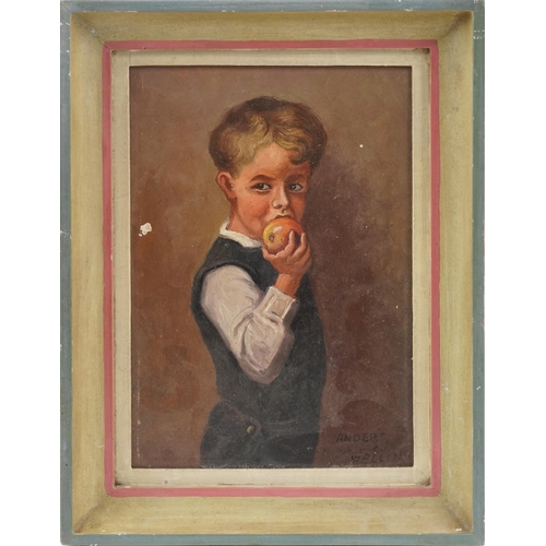 1209 - Anders Wallin - Young boy with an apple, oil on board in a contemporary frame, 25cm x 17cm