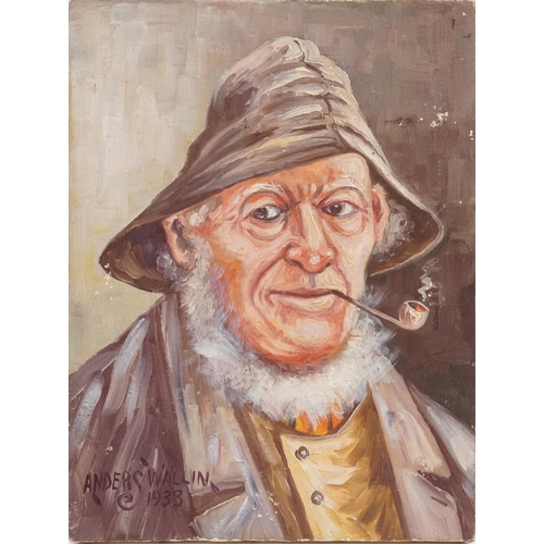 1155 - Anders Wallin 1933 - Fisherman smoking a pipe, oil on canvas, unframed, 25cm x 19cm