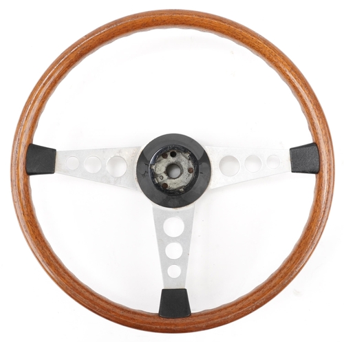 1464 - Motoring interest wooden Moto Lita style steering wheel, 38cm in diameter