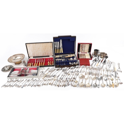 1142 - Large collection of silver plate and stainless steel including cutlery, some with cases, pedestal fr... 