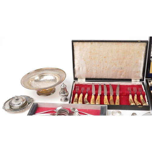 1142 - Large collection of silver plate and stainless steel including cutlery, some with cases, pedestal fr... 