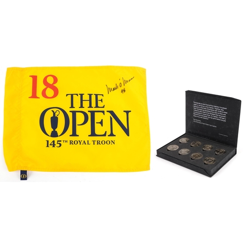 1457 - Golfing interest Marc O'Meara signed 145th Royal Troon pin flag and a set of eight bronzed 2014 Ryde... 