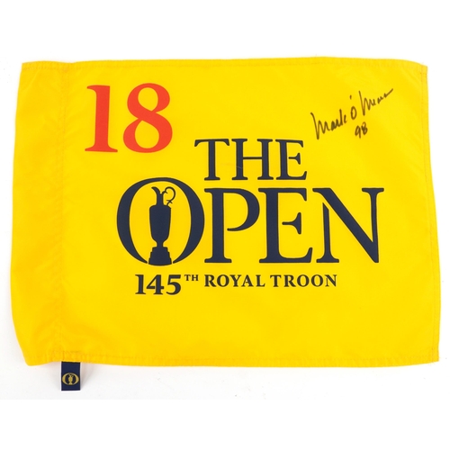 1457 - Golfing interest Marc O'Meara signed 145th Royal Troon pin flag and a set of eight bronzed 2014 Ryde... 