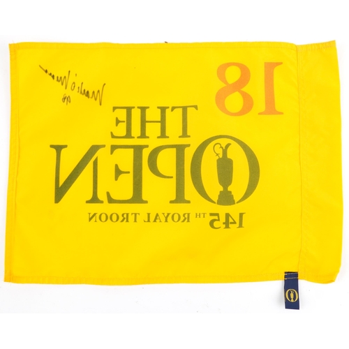 1457 - Golfing interest Marc O'Meara signed 145th Royal Troon pin flag and a set of eight bronzed 2014 Ryde... 