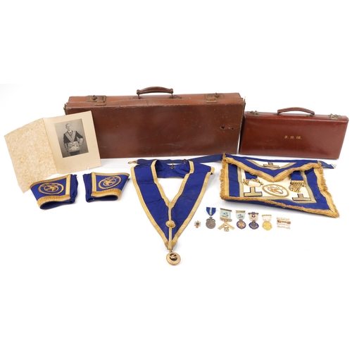 1332 - Masonic regalia, some relating to Bro A Blenkarn, including five silver jewels and an apron