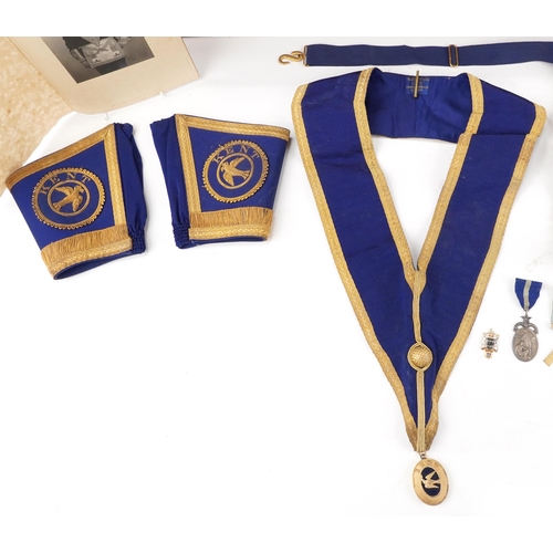 1332 - Masonic regalia, some relating to Bro A Blenkarn, including five silver jewels and an apron