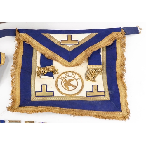 1332 - Masonic regalia, some relating to Bro A Blenkarn, including five silver jewels and an apron