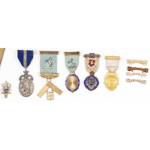 1332 - Masonic regalia, some relating to Bro A Blenkarn, including five silver jewels and an apron