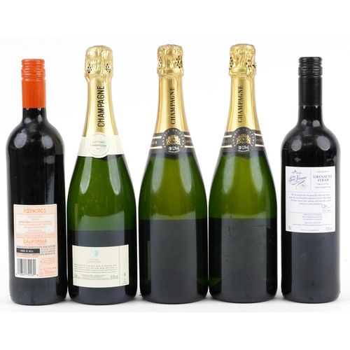 369 - Five bottles of Champagne and wine including Baron de Marck and Barefoot Shiraz