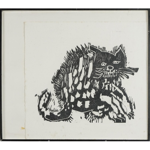 217 - Sandy Sykes - Cat, pencil signed black and white print, framed and Perspex glazed, 48cm x 36cm