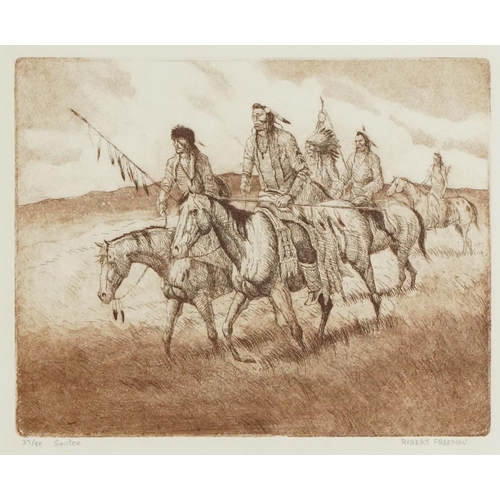 1340 - Robert Freeman - Santee Native Americans Indians on horseback, pencil signed etching, mounted, frame... 