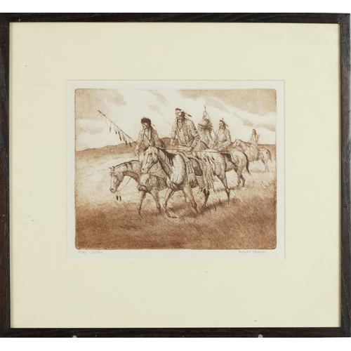 1340 - Robert Freeman - Santee Native Americans Indians on horseback, pencil signed etching, mounted, frame... 