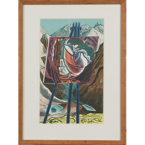 541 - Edward Bawden - Mountains, lithograph, mounted, framed and glazed, 20cm x 12cm