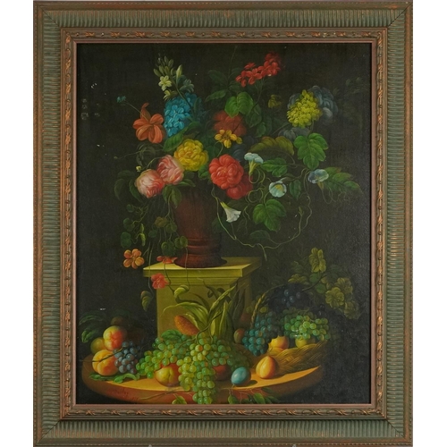 56 - G V Bailey - Still life flowers and fruit, oil on board, contemporary framed, 57cm x 47cm