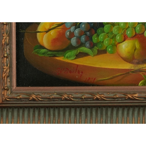 56 - G V Bailey - Still life flowers and fruit, oil on board, contemporary framed, 57cm x 47cm