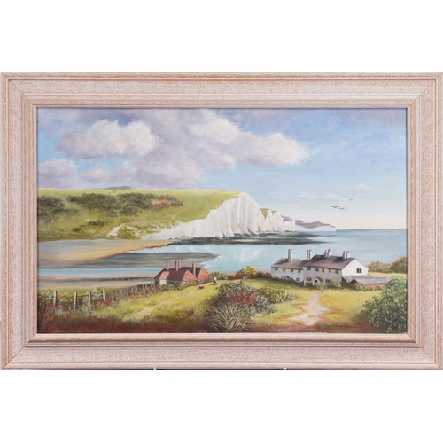 106 - Nina Sexton - The Seven Sisters and Cuckmere Haven coast guard cottages, oil on canvas, 65cm x 39cm