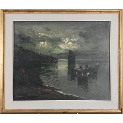 210 - Berni ? - Moonlit bay with fishermen, oil on canvas, contemporary mounted and framed, 58cm x 47cm